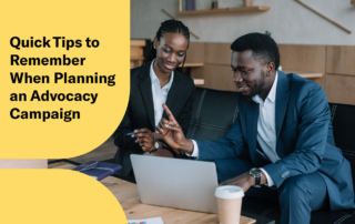 The title of the article, “Quick Tips to Remember When Planning an Advocacy Campaign,” next to a photo of two people using a laptop