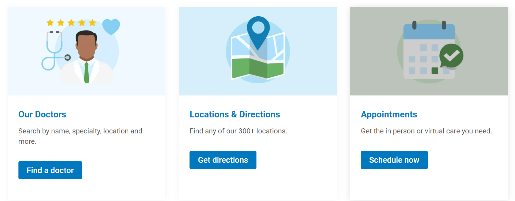 This image shows the calls to action on the Cleveland Clinic’s website, including “Find a doctor,” “Get directions,” and “Schedule now.”