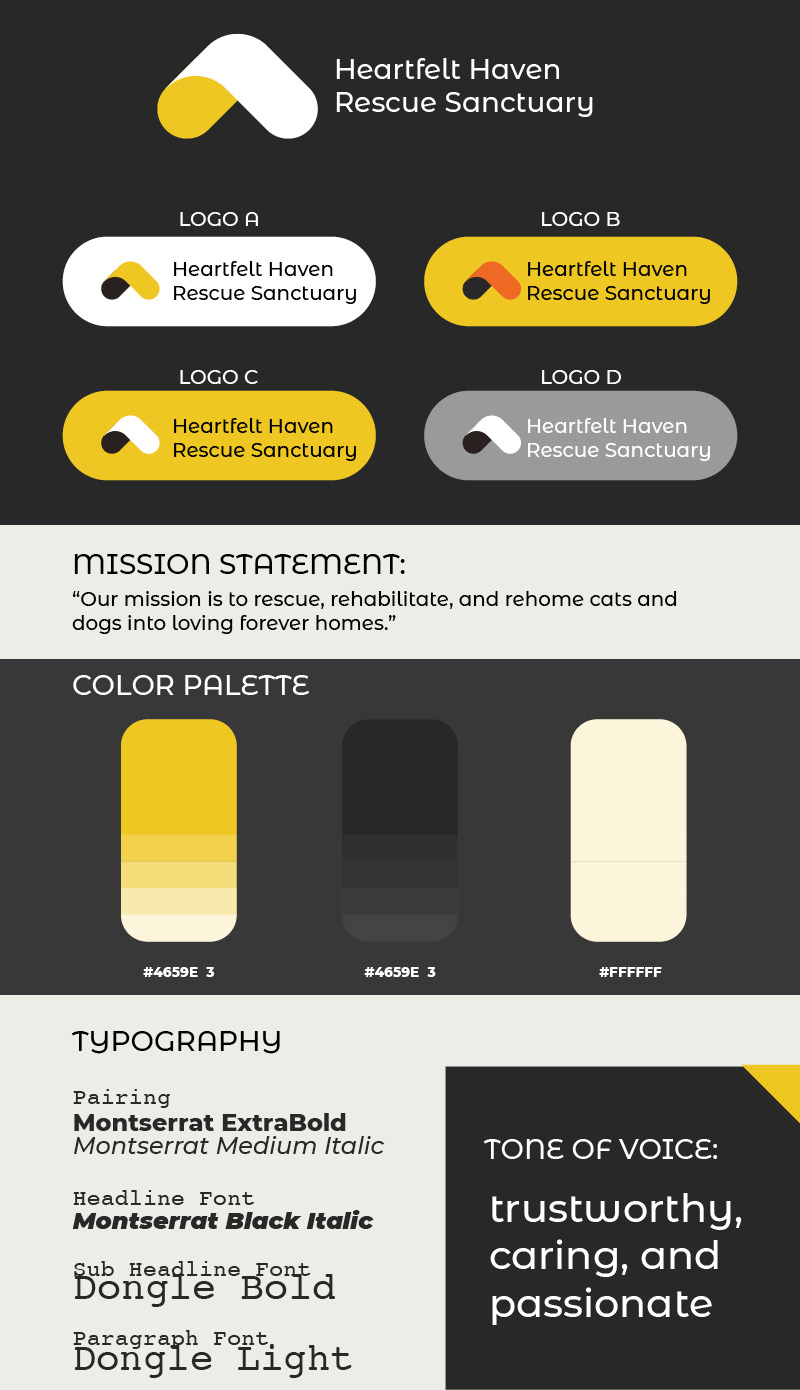 An example nonprofit brand guide featuring logos, fonts, and colors