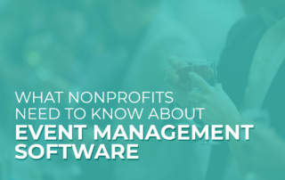 The article's title, "What Nonprofits Need to Know About Event Management Software," overlaid atop people attending an event and holding drinks.