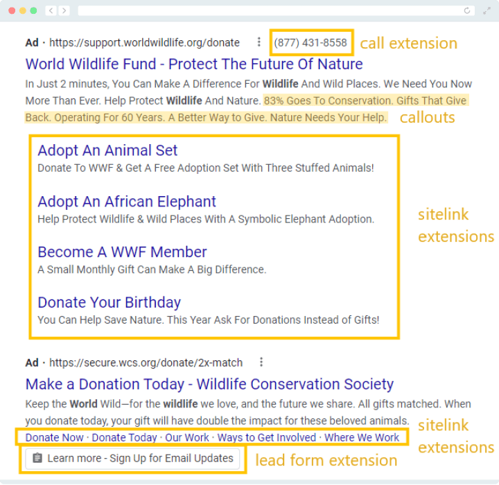 This image shows some examples of common ad extensions available to add to nonprofit Google ads.