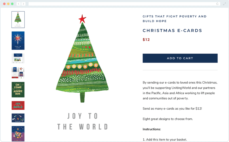 An eCard sales page from the nonprofit UnitingWorld