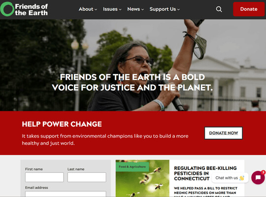 A screenshot of Friends of the Earth’s nonprofit website